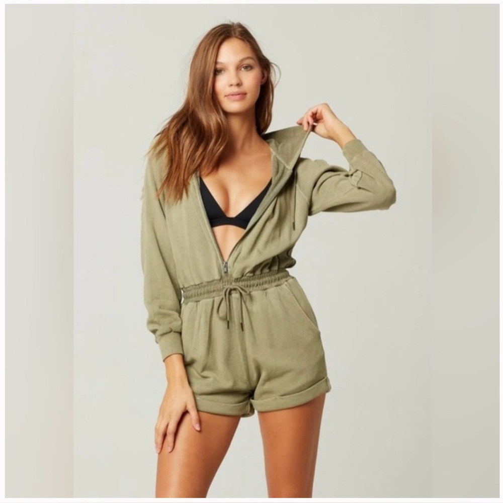 L*Space Stay Cool French Terry Romper Olive Green Hoodie Zip Up Long Sleeve